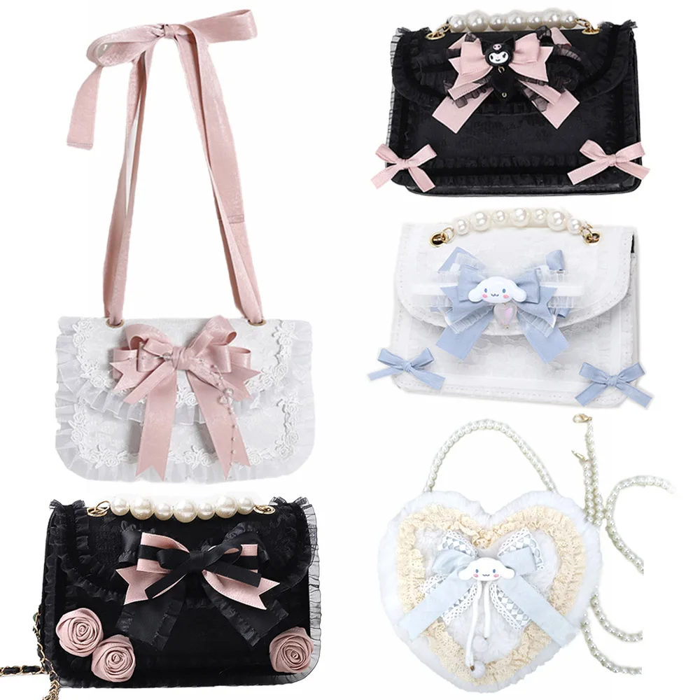 

Sanrioed My Melody Cinnamoroll Kuromi Bag Anime Kawaii Lolitas JK Bow Knot Pearl Tote Shoulder Messenger Bag Girl Birthday Gifts