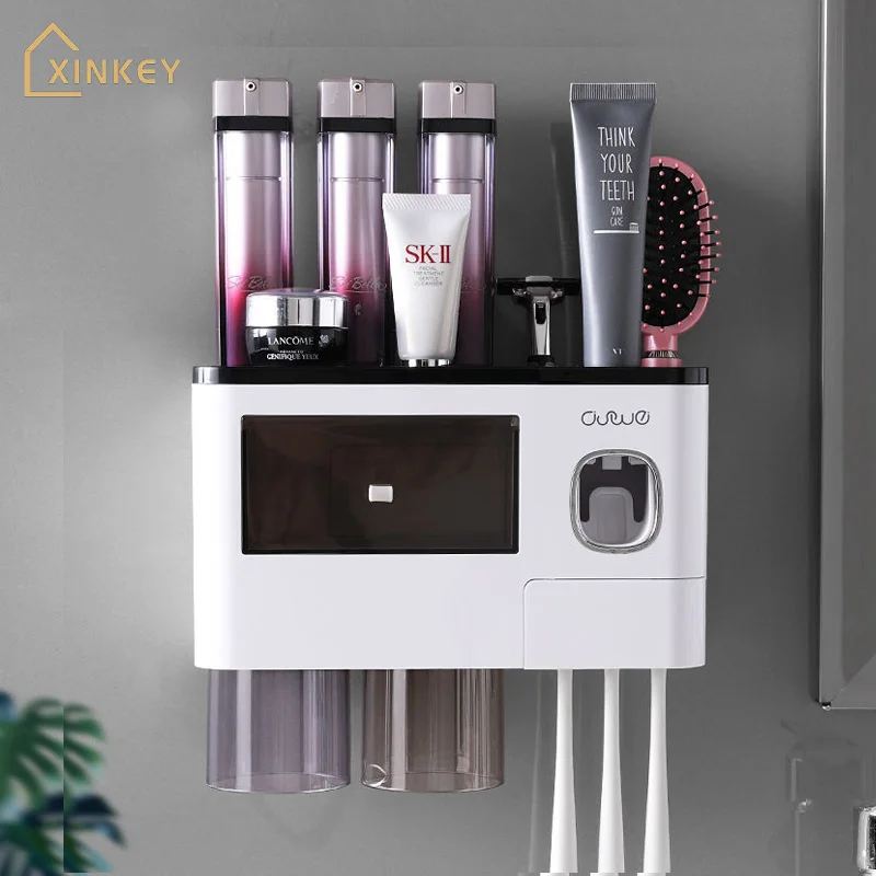 

Multifunctional Toothbrush Holder Wall-Mounted Magnetic Cup Automatic Toothpaste Dispenser Storage Rack Household Accessory Kit