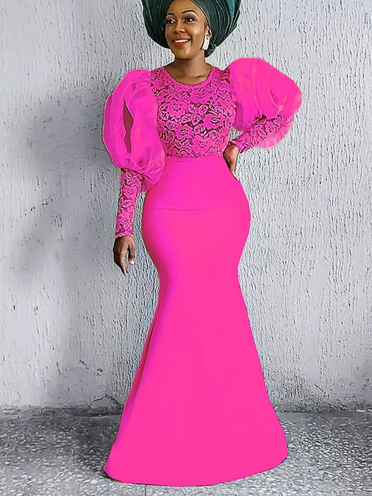 

AOMEI Women Party Long Dress Mermaid Trumpet Lace Patchwork Puff Sleeves See Through Transparent Sexy Female Event Gowns Proms