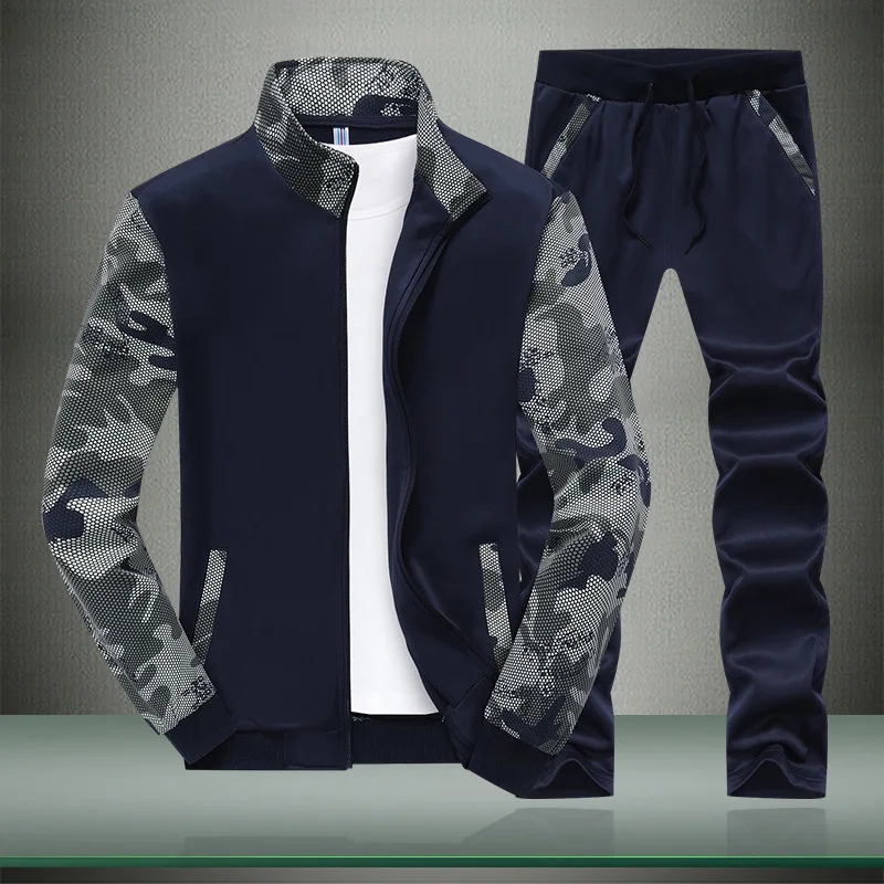 

Spring and autumn stitching sports sweater casual stand-up collar camouflage men's suit outdoor cardigan long-sleeved trousers