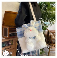 mbti kawaii plush rabbit doll shoulder bag girls 2022 summer japanese plaid large capacity cartoon canvas tote bag for women