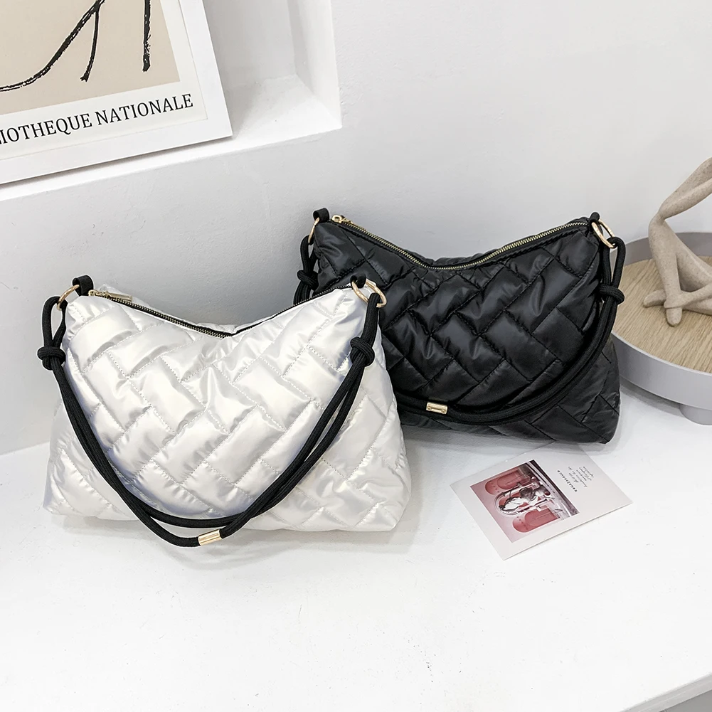 

Women Space Padded Nylon Quilted Lattice Shoulder Bag Solid Color Zipper Large Capacity Top-handle Bag Designer Crossbody Bag