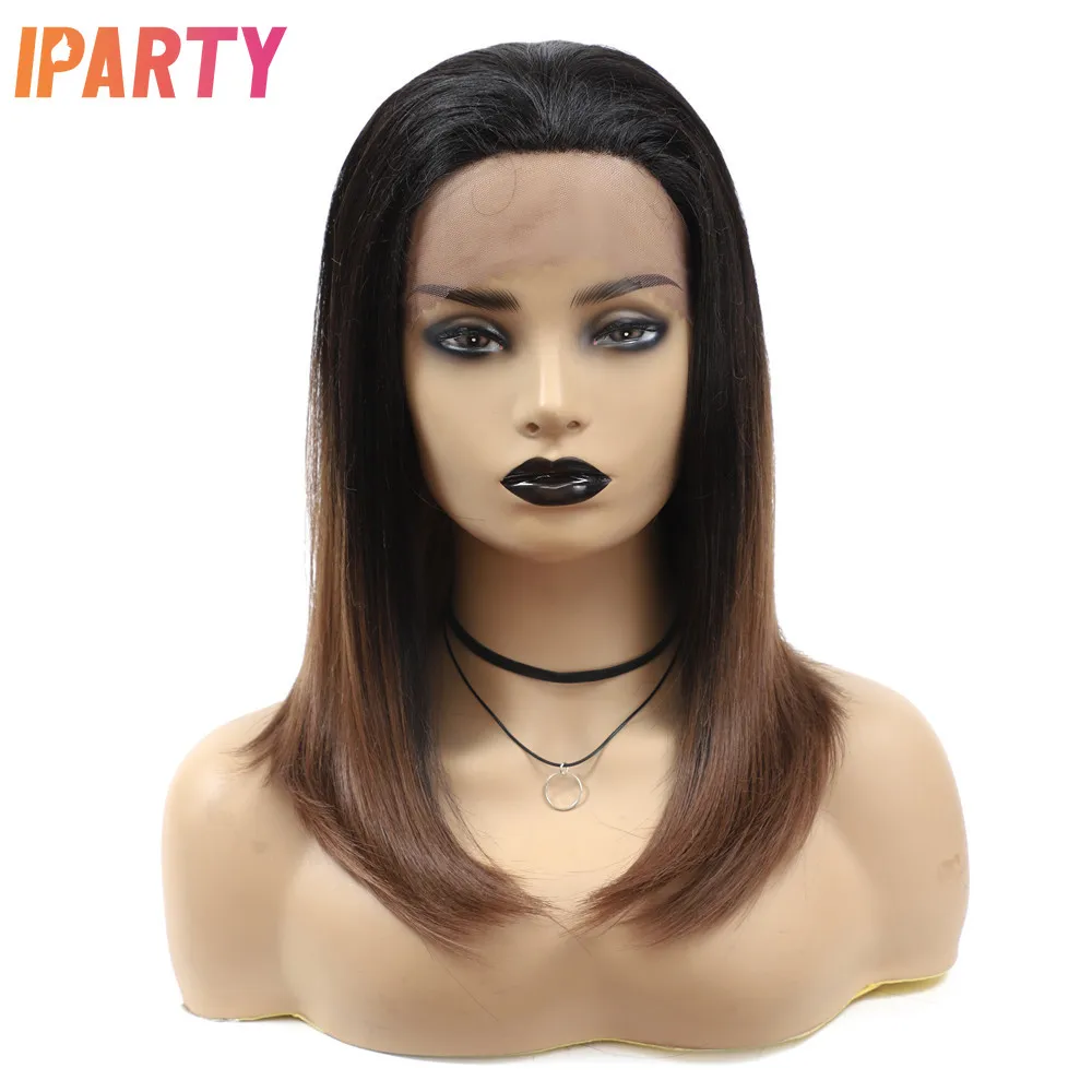 

Iparty New Style Synthetic Lace Wigs 18 Inches Free Part Ombre Brown Short Straight Stylish Wig Heat Resistant Fibers Daily