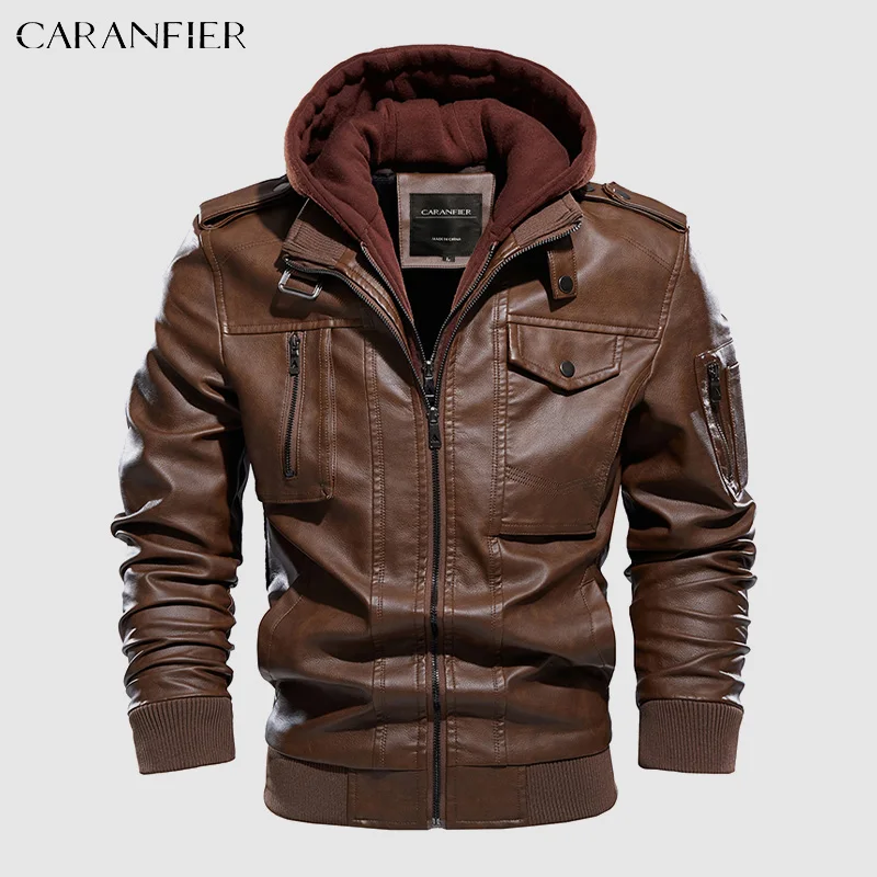 

CARANFIER Men's PU Leather Jacket Male Locomotive Fleece Winter Coats Faux Fur Lined Moto Biker Detachable Hoodies Outerwear