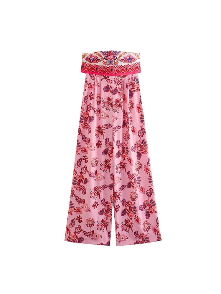 

Women's 2023 Spring New Casual Fashion Unique Collarless Backless Zipper Decoration Slim Fit Printed Bra Jumpsuit Mujer