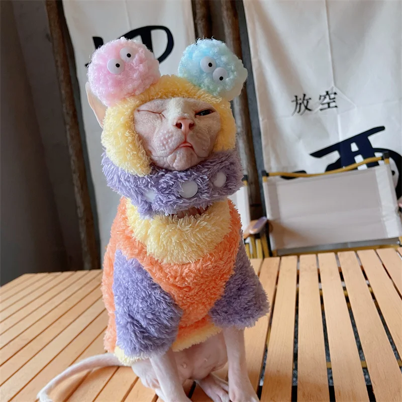 

Cat Clothing Soft Winter Sweater for Sphnx Cat Warm Plush Loungewear for Kittens Cute Long Sleeves Coat Hat Suit for Devon Rex