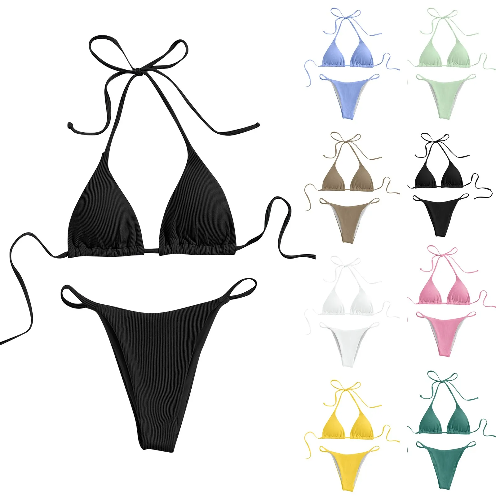 

Women's Sexy Neck Bikini Solid Color Split With Chest Pads No Steel Bra Swimsuit Halter Solid Beach Cover Ups For Women