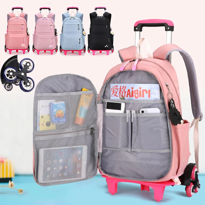 School Backpack Bag Set for Girls Trolley Bag with Wheels Student School Bag Rolling Backpack Multifunctional