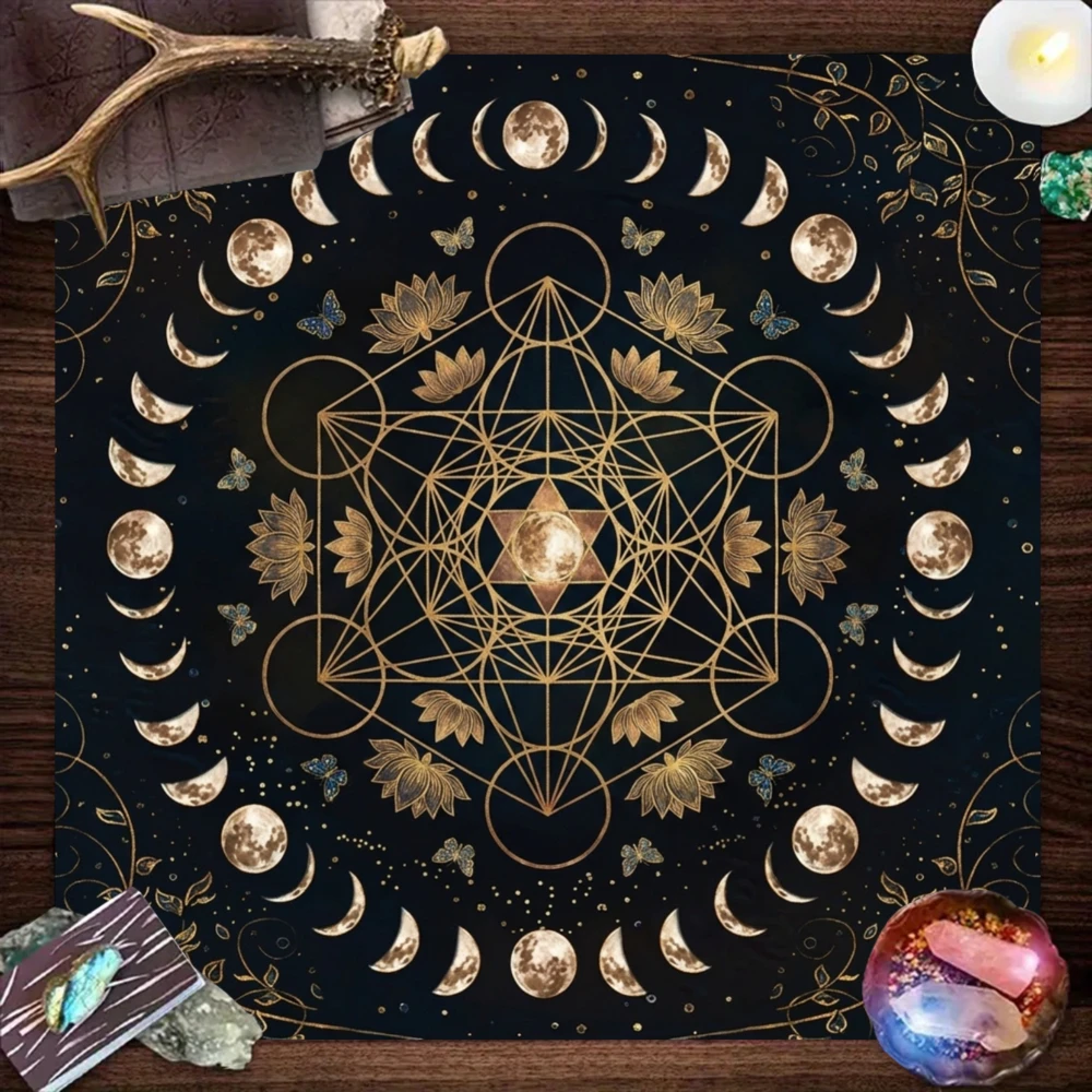 Скатерть для медитации и ритуалов Black Crystal Energy с изображением Золотых фаз Луны, Лотоса, Куба Метатрона, Таро, декоративный коврик для алтаря. (art.: 3920da3af8701) - 3920da3af8701