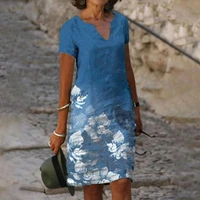 2022 new summer women printing v neck short sleeve a line dresses female retro litera vintage loose casual vestidos