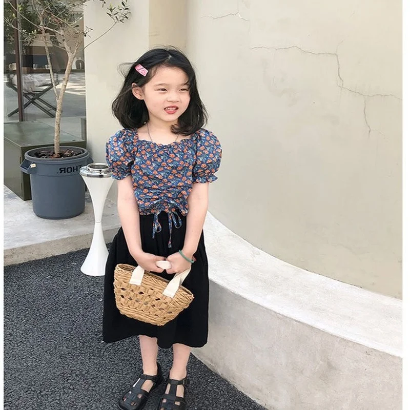

Girls Clothing Two-Piece Kit Summer New Korean Short Floral Shirt + Loose Wide Legs Kids Clothing for Girls
