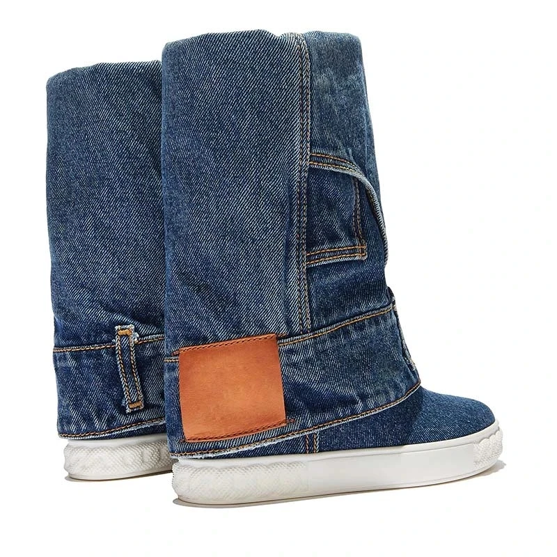 Designer Woman Blue Denim Pocket Boots Jeans Style Roman Inner Height Increasing Cowboy Mid Boots Slip On Boots Flat Shoes