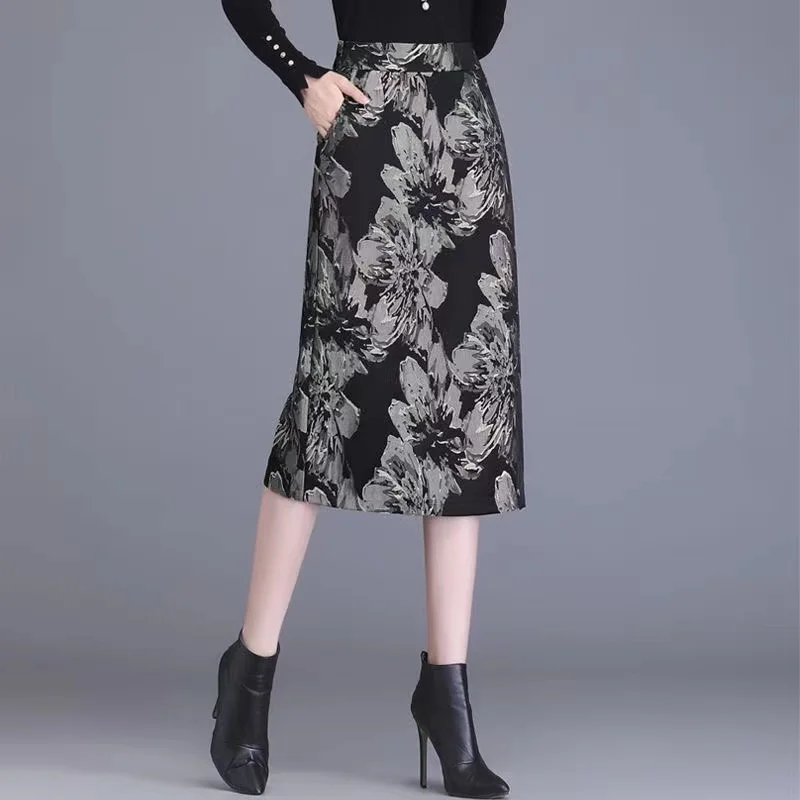 2022 Spring Fall Women High Waisted Dobby Floral Pattern Mid Calf Slim Elegant Skirt , Woman Autumn Clothes 3xl Placket Skirts