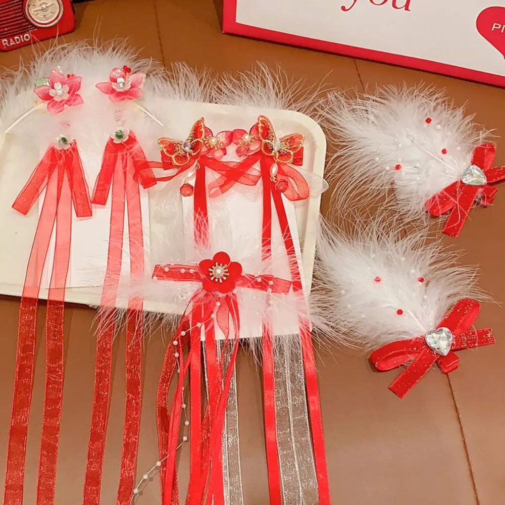 Прекрасная лента для детей красная заколка волос с кисточкой из перьев китайский