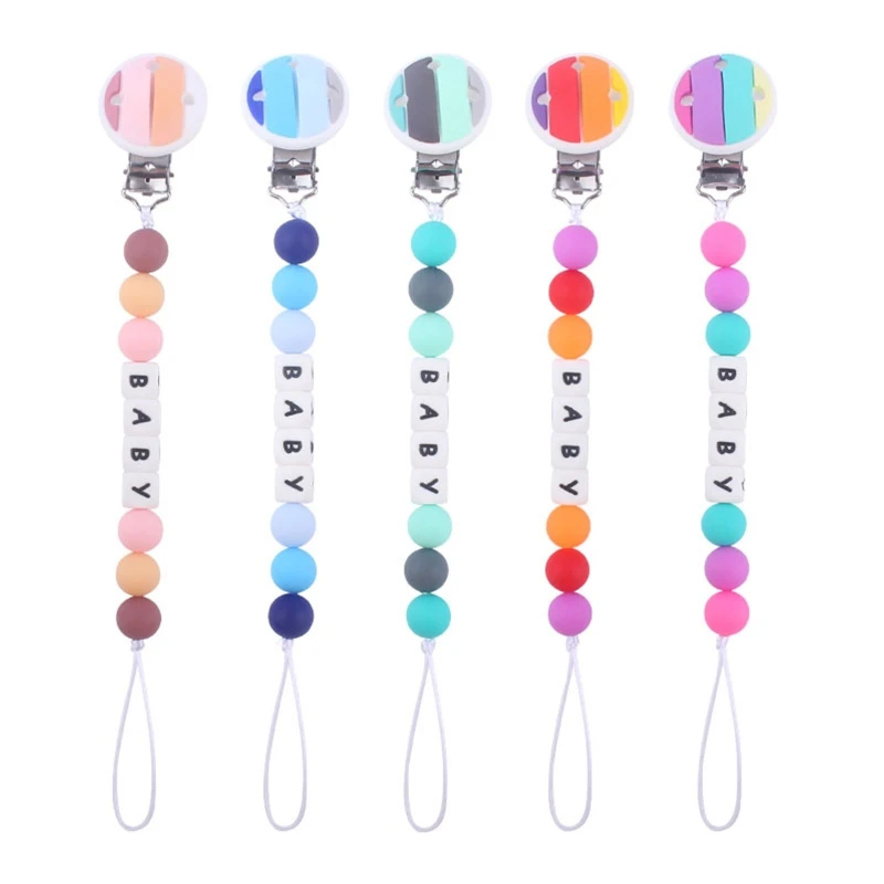 

Baby Cartoon Rainbow Silicone Beads Pacifier Chain Clip Newborn Nipple Dummy Clip Holder Teething Soother Molar Toys Leash Strap