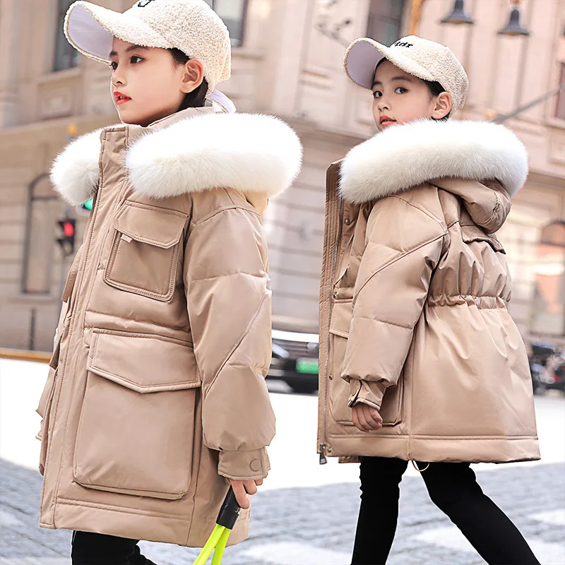 Children's down jacket girls mid-length 2022 new no-wash middle and big children thickened girls coat children's clothing