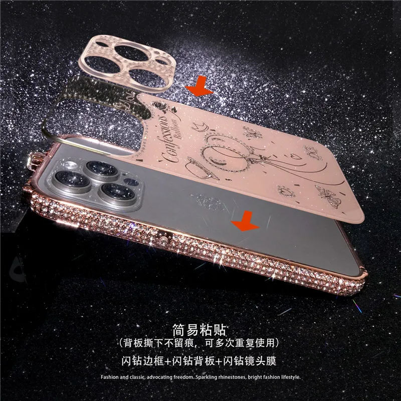 Для iPhone 15 Pro Max 14 13 11 12 Чехол Bling Diamond Bumper Rhinestone Love Inlay Металлический каркас Зеркало
