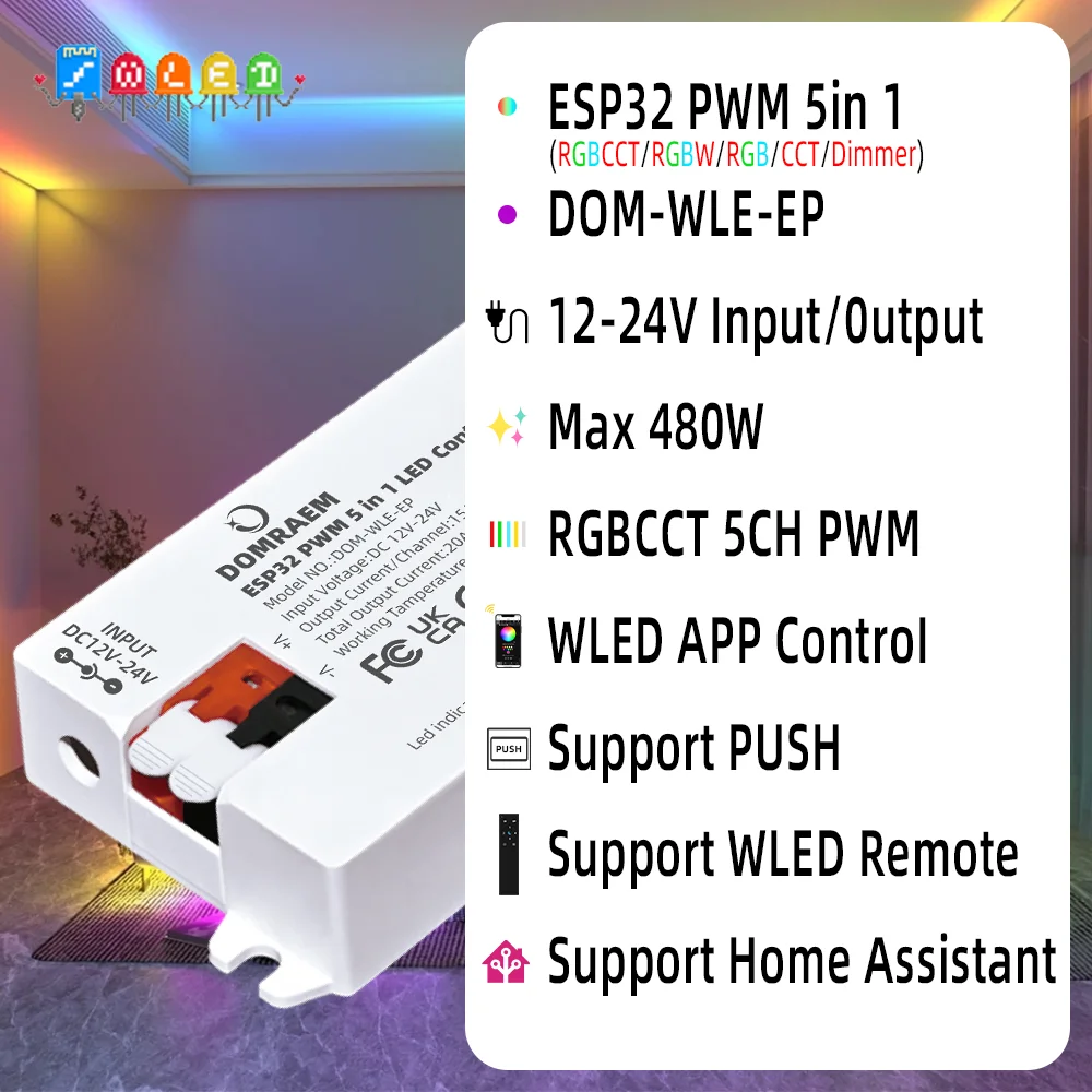 Фото Контроллер DOMRAEM WLED ESP32 PWM для аналоговой светодиодной ленты, 5-в-1 для 2/3/4/5/6 проводов, белый CCT RGB RGBWCCT, Alexa Google Home HA №2