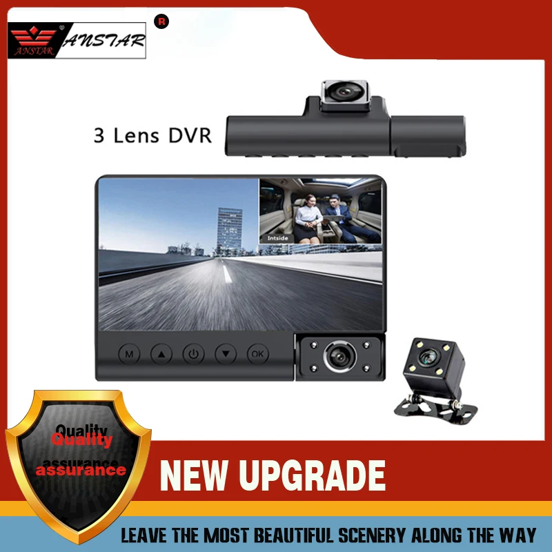 Видеорегистратор ANSTAR, 4 дюйма, с тремя объективами, HD 1080P, широкоугольный, G-сенсор, обнаружение движения, с камерой заднего вида