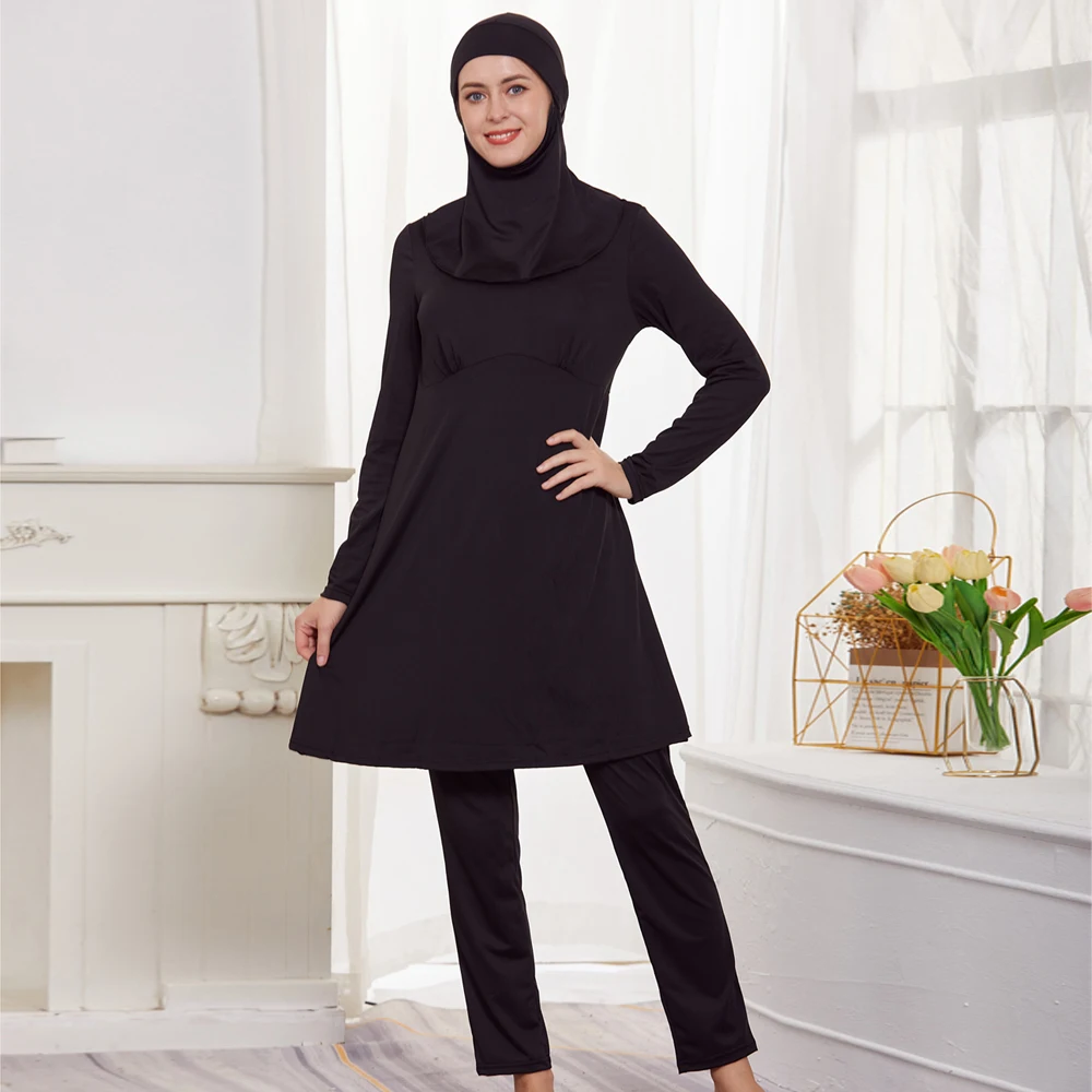 3PCS Muslim Swimwear For Women Long Sleeve Swimsuit Muslimah Swimming Burkini Turban Pants Maillots De Bains Musulmans Femme