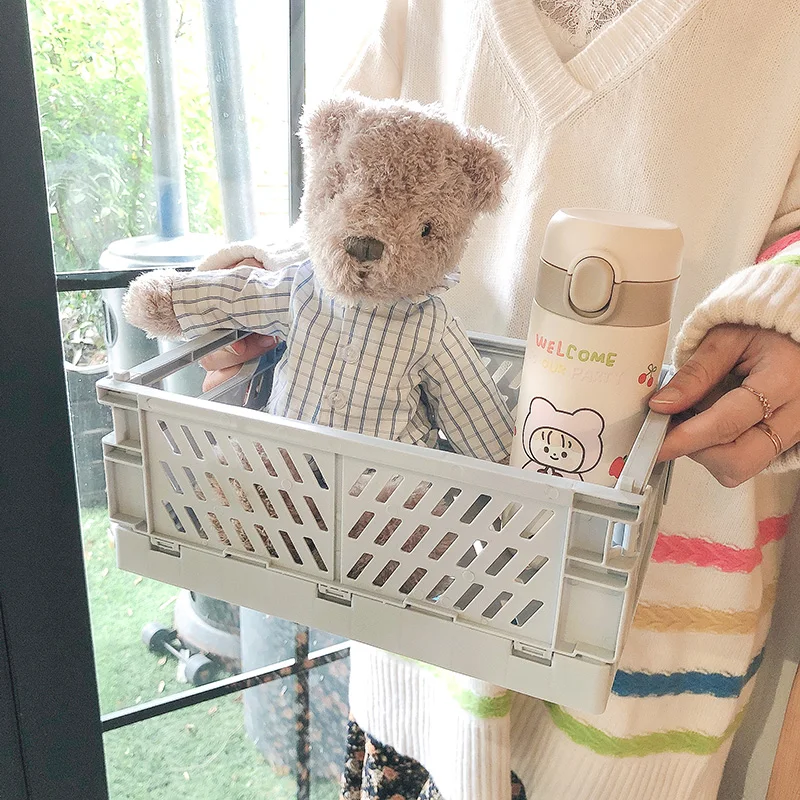 Ins Desktop Plastic Storage Baskets Organizer Box Folding Stackable Toy Storage Basket with Handle Bathroom Storage Box Basket