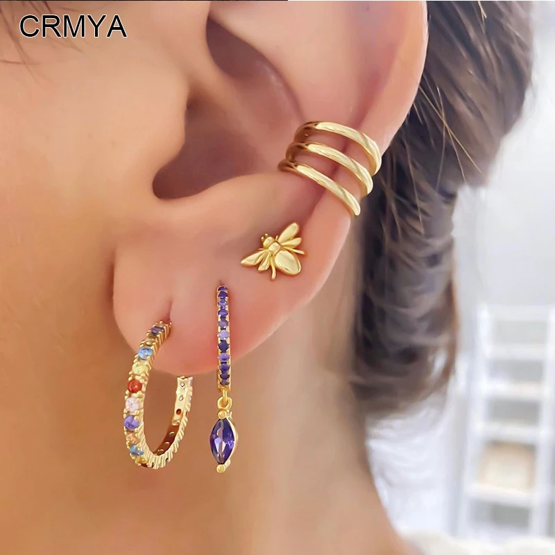 

CRMYA Gold Silver Filled Hoop Stud Clip Earrings for Women Color CZ Zircon Hoop Bee Stud Earrings 2022 Women's Jewelry Wholesale