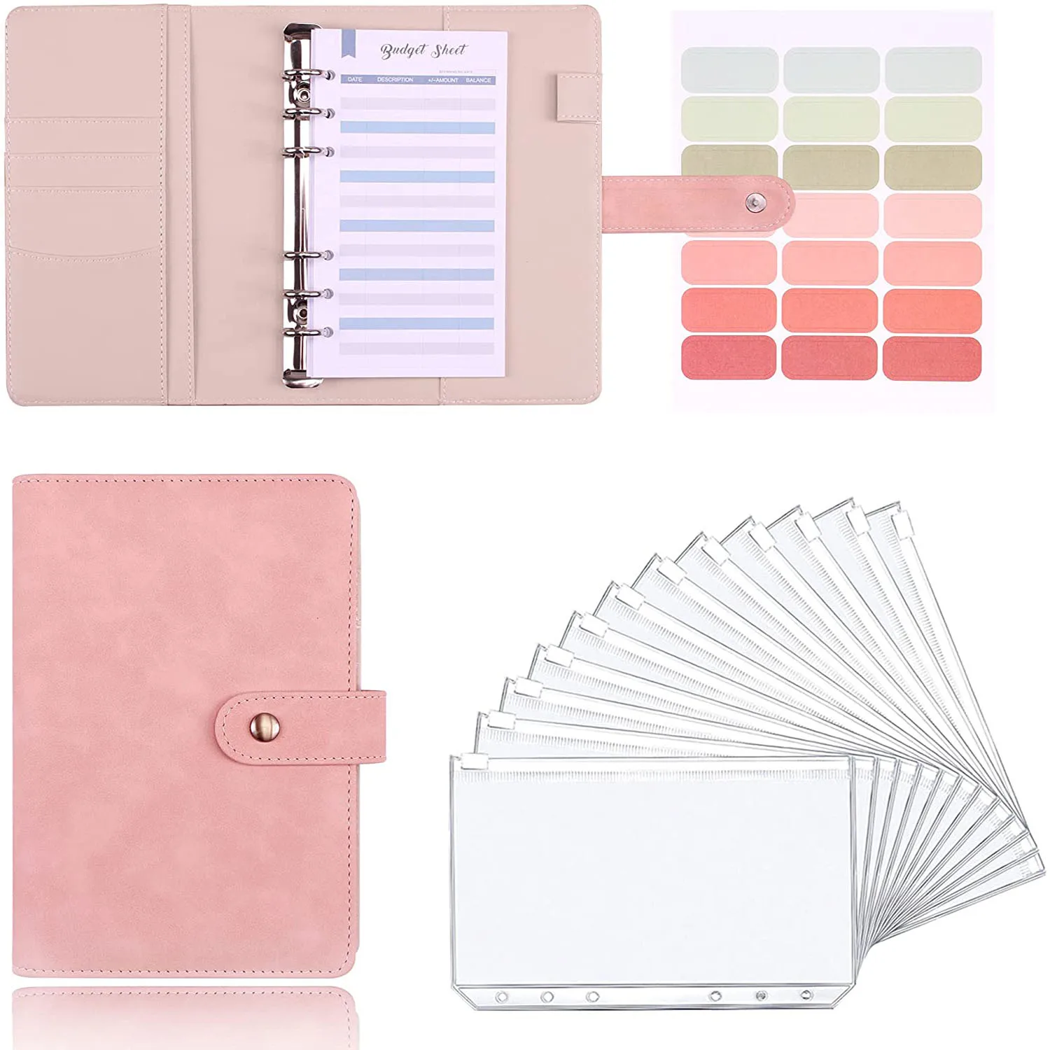 

A6 PU Leather Budget Binder Cash Envelopes for Budgeting, Money Organizer with 12 Zipper Envelopes, Budget Sheets, Color Labels