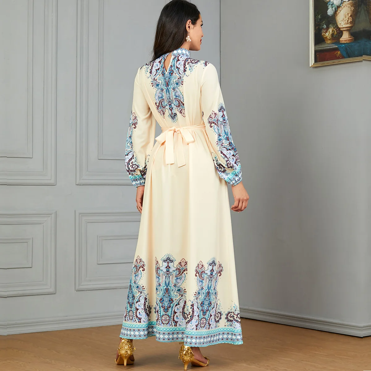 Eid мусульманское платье макси для женщин с принтом абайя высоким воротом Abayas