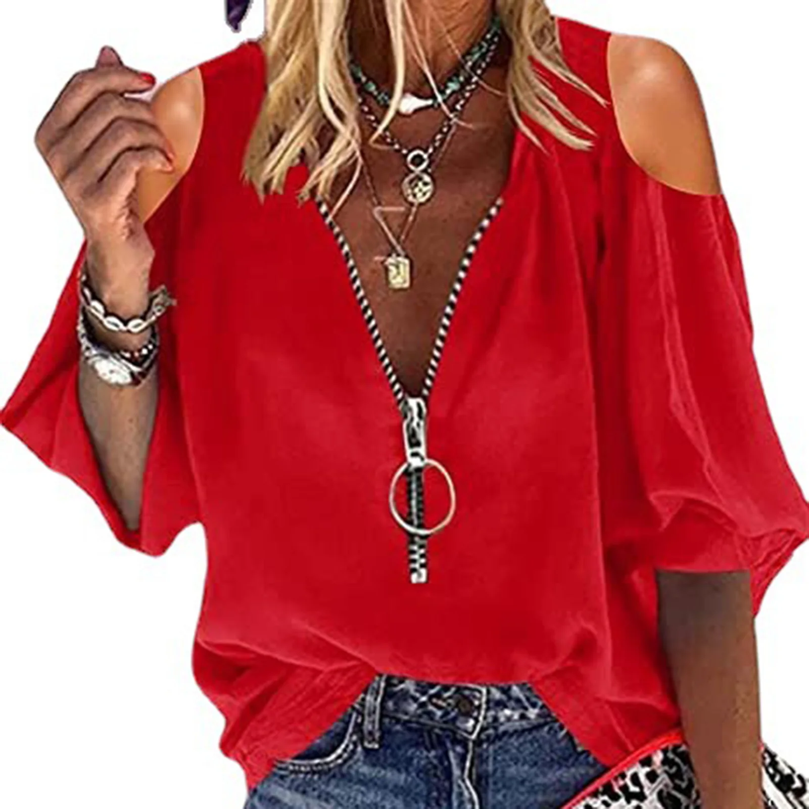 

Women's Casual Pullover Shirt V-neck Front Zipper Puff Sleeve Shirts for Outdoor Business Office
