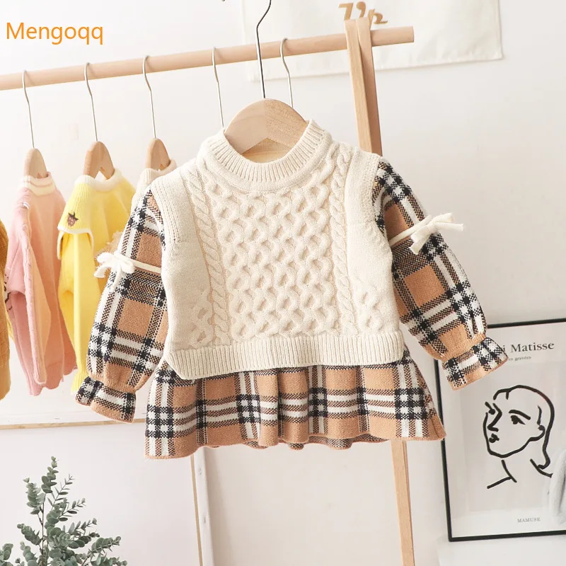 

Pretty Princess Autumn Winter Warm Thicken Full Sleeve Plaid Knitting Bow Dresses Toddler Kids Baby Girl Sweater 6M-5Y