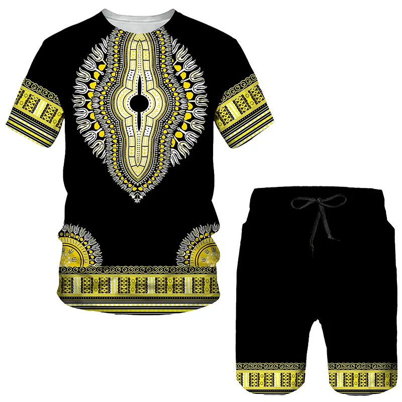 Summer African 3D Printed Streetwear Casual Tracksuit Retro Style Hip Hop T-shirt + Shorts Set Men's and Women's Sports Suit