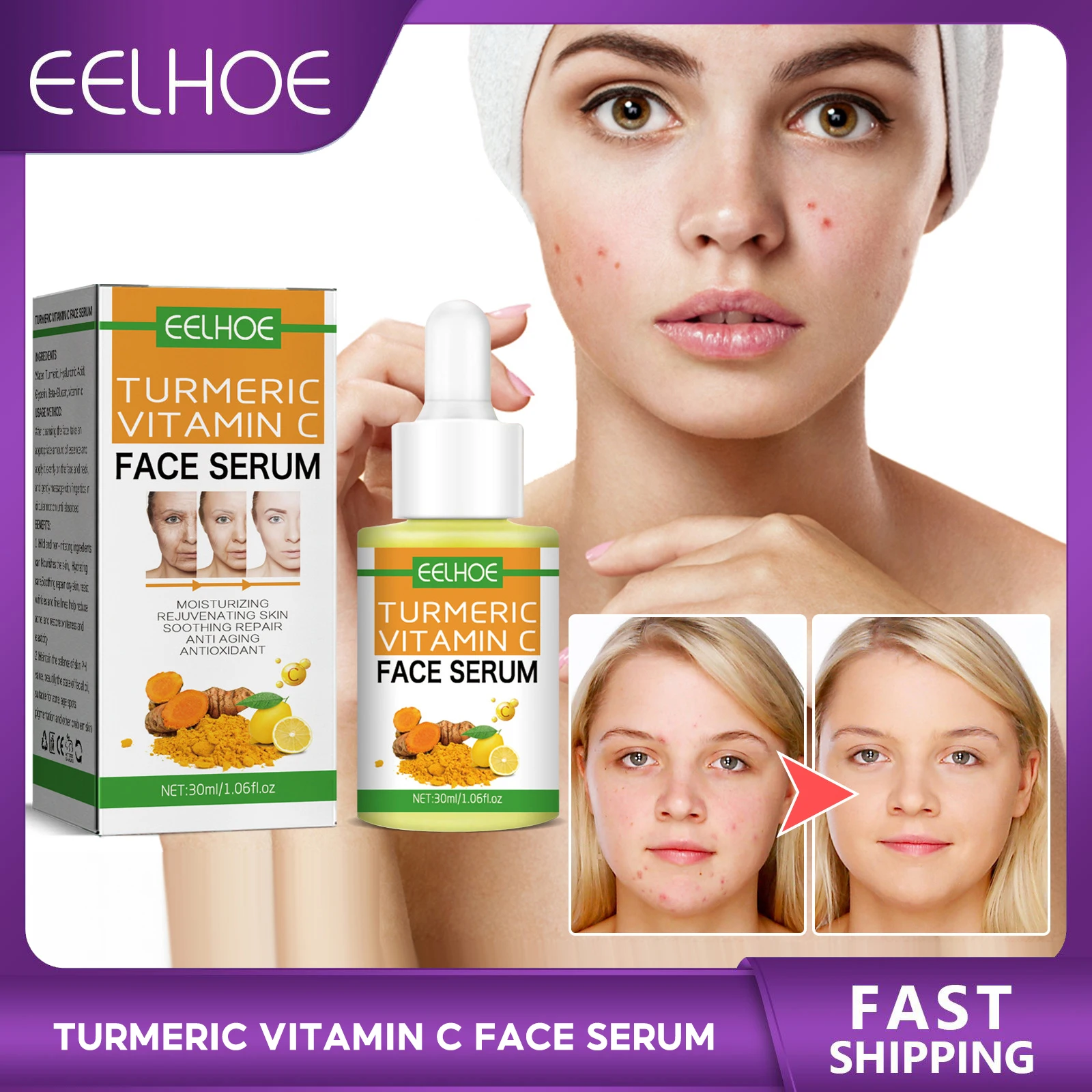 

Turmeric Vitamin C Facial Essence Smooth Fine Lines Reduce Wrinkles Fade Acne Lighten Spots Brightening Moisturizing Facial Care
