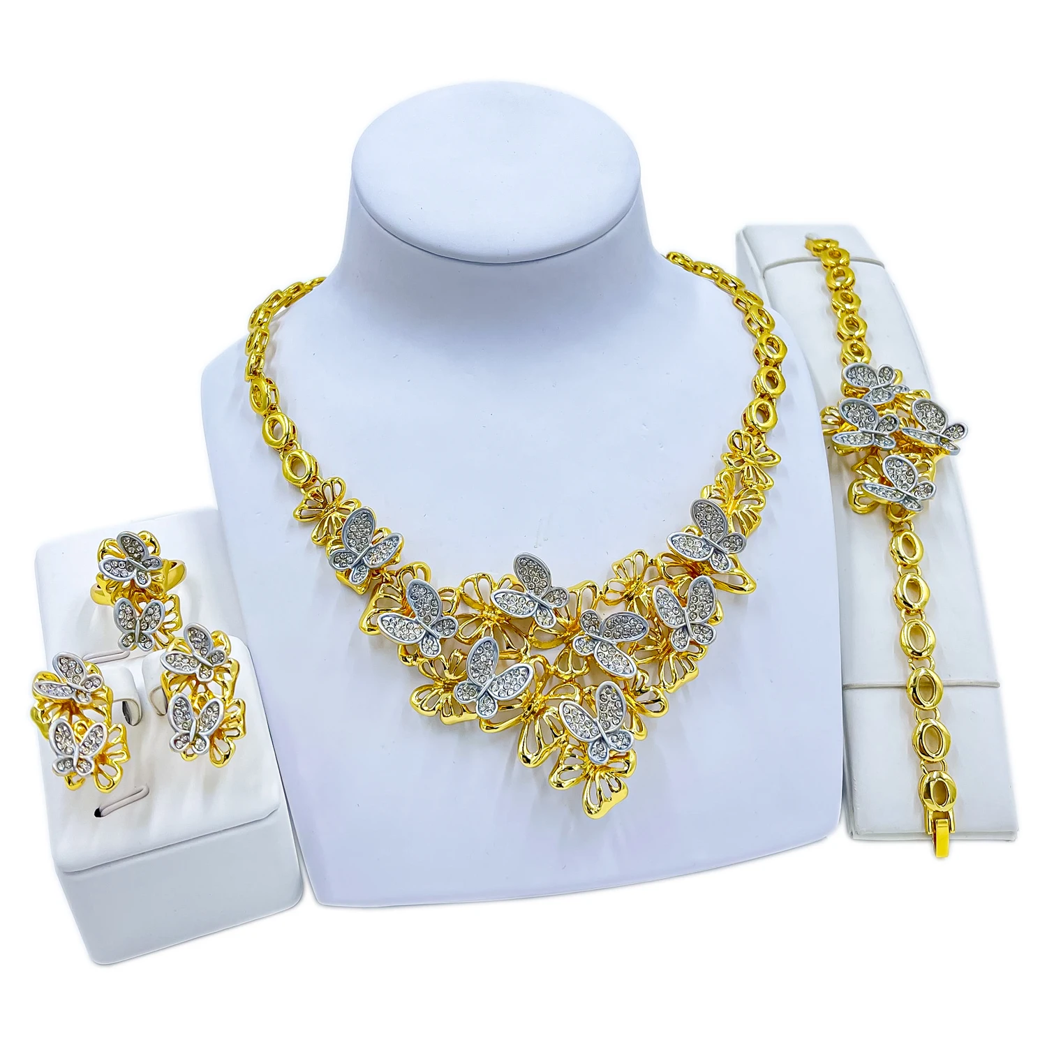 

2022 Dubai Jewelry Set Butterfly Necklace Crystal Bracelet Dance Party Earrings Ring Wedding Fashion Jewelry Accessories
