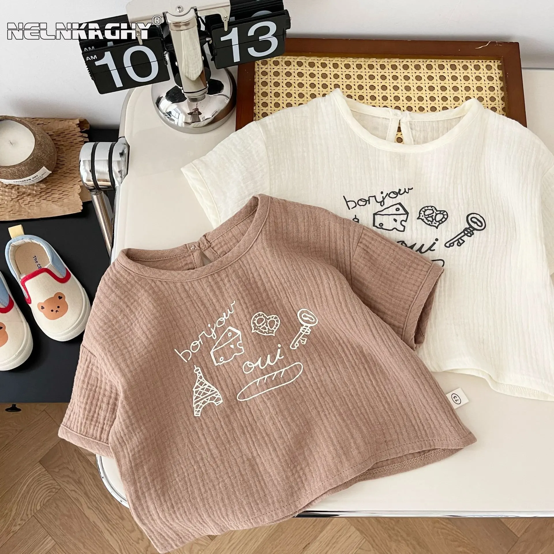 

2023 summer new in kids baby boys girls short sleeve print cartoon crepe top toddler children 100% cotton t-shirts 0-6Y