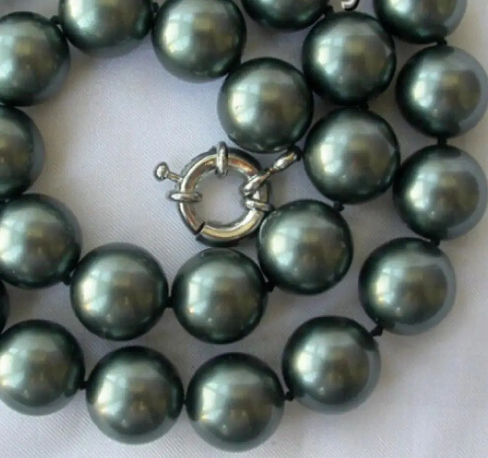stunning big 14mm round Tahiti black south sea shell pearl necklace AAA style Fine Noble real Natural free shippi