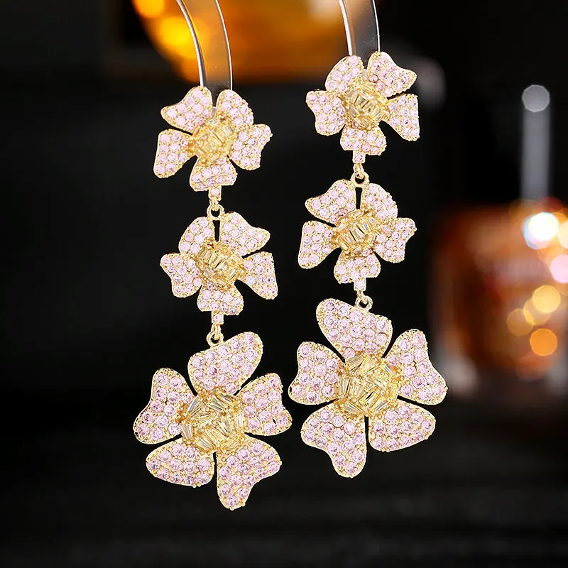 

S925 silver needle zircon luxury earrings female retro temperament earrings wholesale multi-layer long flower earrings LYX190