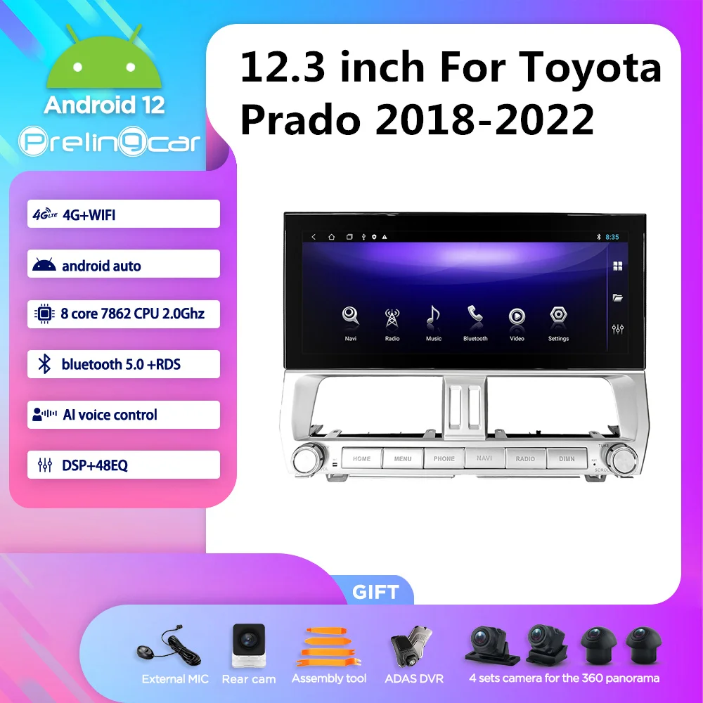 

12.3 Inch Android 12 6G + 128Gb For Toyota Prado 2018-2022 Auto Multimedia Gps Speler Radio Stereo Ondersteuning 8Core Video