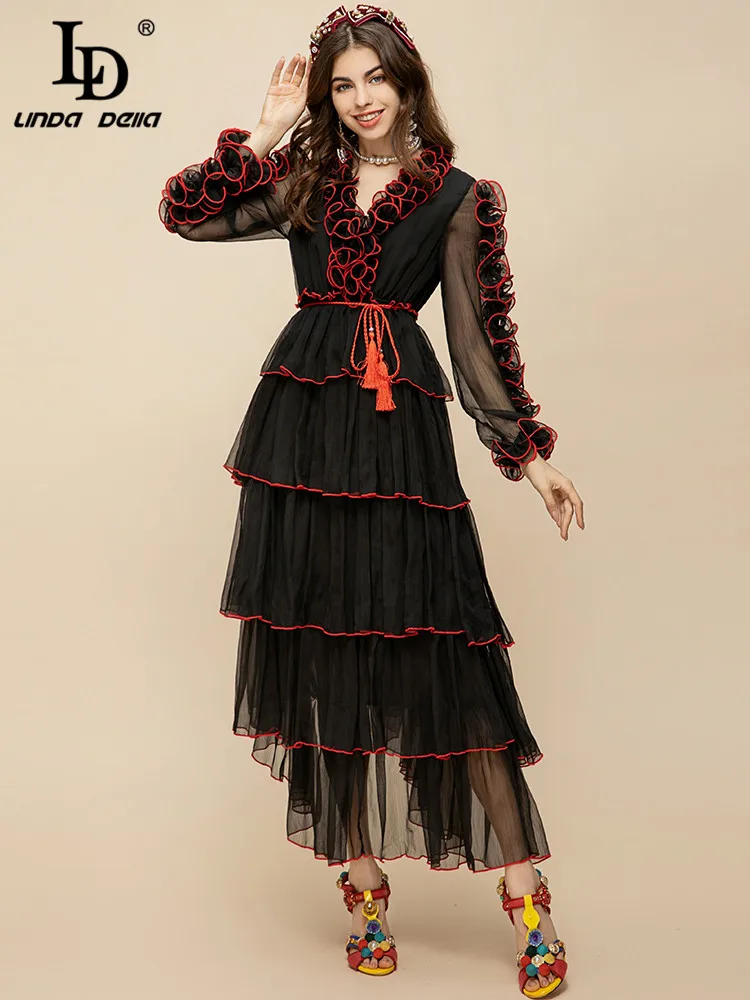 

LD LINDA DELLA Мода дизайнерское летнее платье для женщин с v-образным вырезом с рукавом-фонариком Каскадное платье с оборками с поясом черного цвета в винтажном стиле; Вечерние платья