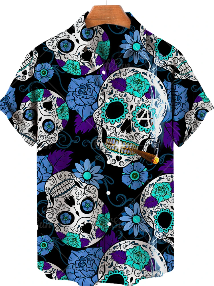 

Гавайская рубашка мужская с коротким рукавом, Повседневный дышащий однобортный Топ с 3D-принтом черепа, гавайская кофта, 5xl, лето 2022