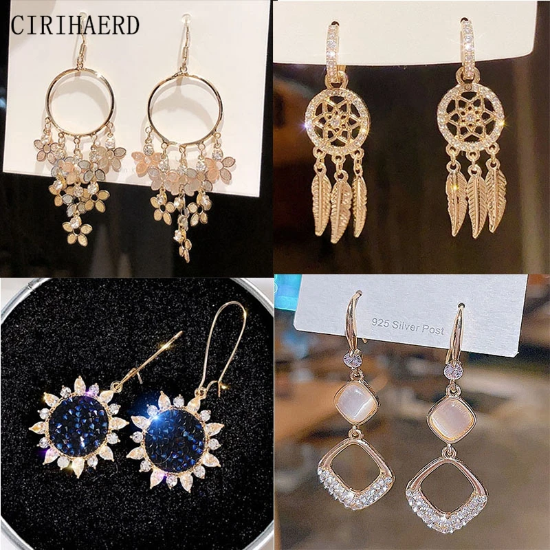 

4 Type Retro Fashion Women Earrings Statement Crystal Diamond Long Hanging Tassel Flower Hoop Hook Drop Earrings Wedding Jewelry