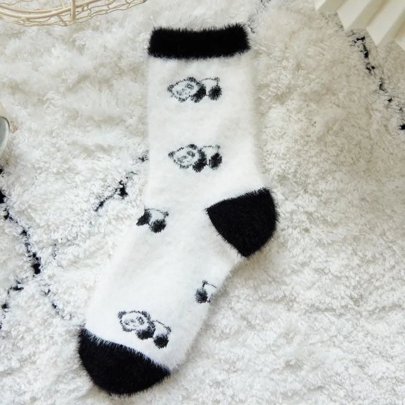 Winter Warm Thick Furry Floor Sleep Socks Set Cute Cartoon Panda Socks for Women Kawai Thermal  Fluffy Girl Middle Tube Socks