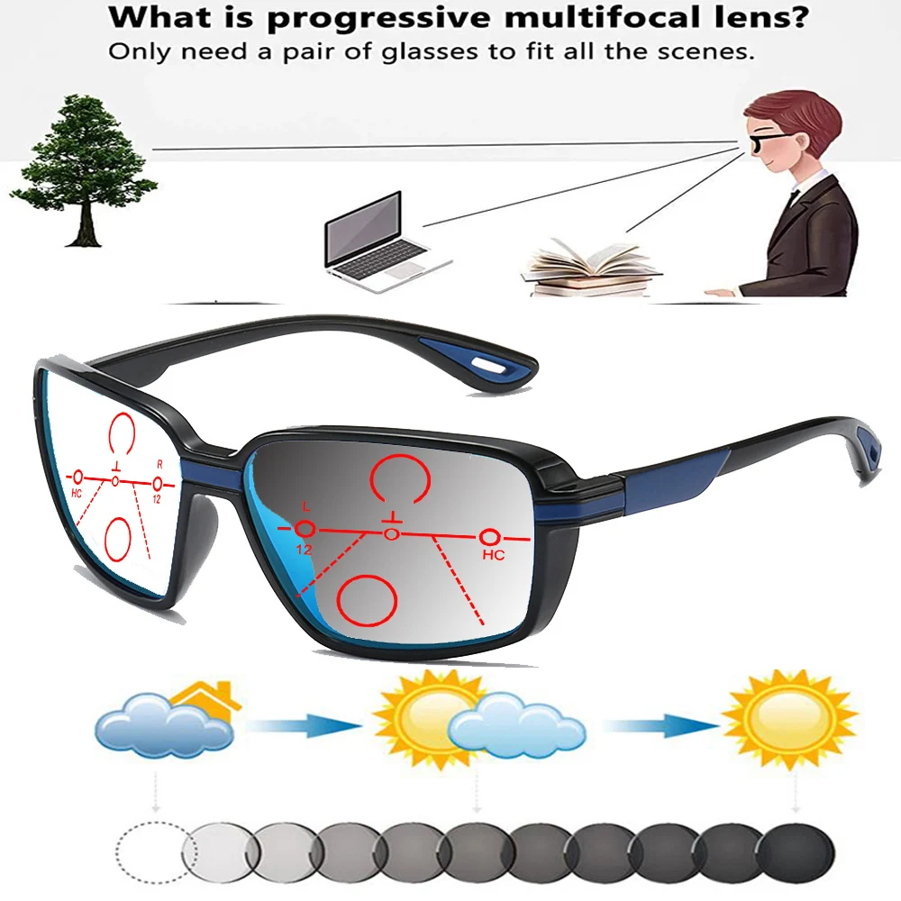 

Rectangular Outdoor Wind-proof Handcrafted Frame Photochromic Progressive Multifocal Reading Glasses +0.75 To +4