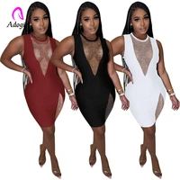 crystal women mini dress solid sleeveless bodycon slit festival deep v neck dresses sexy hollow out night club party vestidos