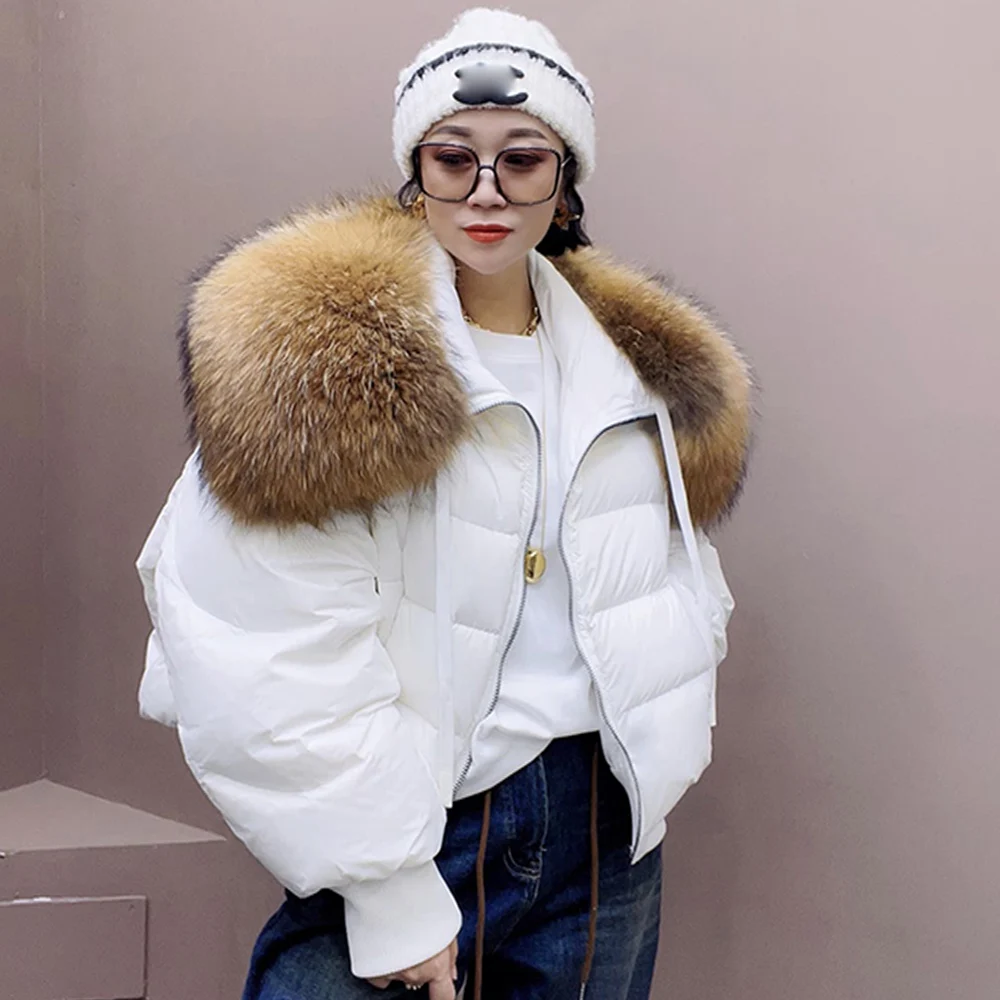 

FURTJY 2023 Luxury Winter Puffer Jacket Women Thicken Warm Short Parkas Real Natural Raccoon Fur Female Loose 90% White Duck Dow