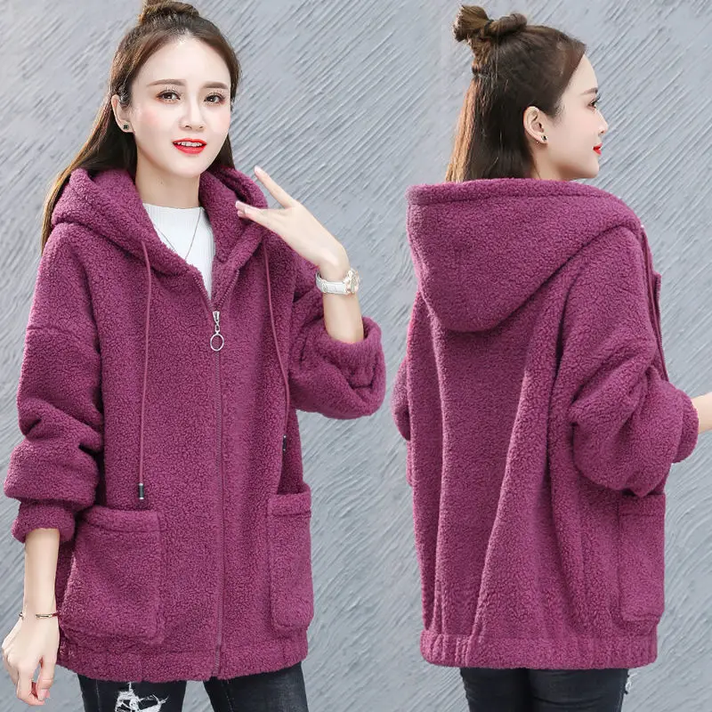 Women's Autumn and Winter Jackets Fashion Casual Lamb Wool Coat Stitching Hooded Zipper Ladies Korean Coat Women Clothing 2022