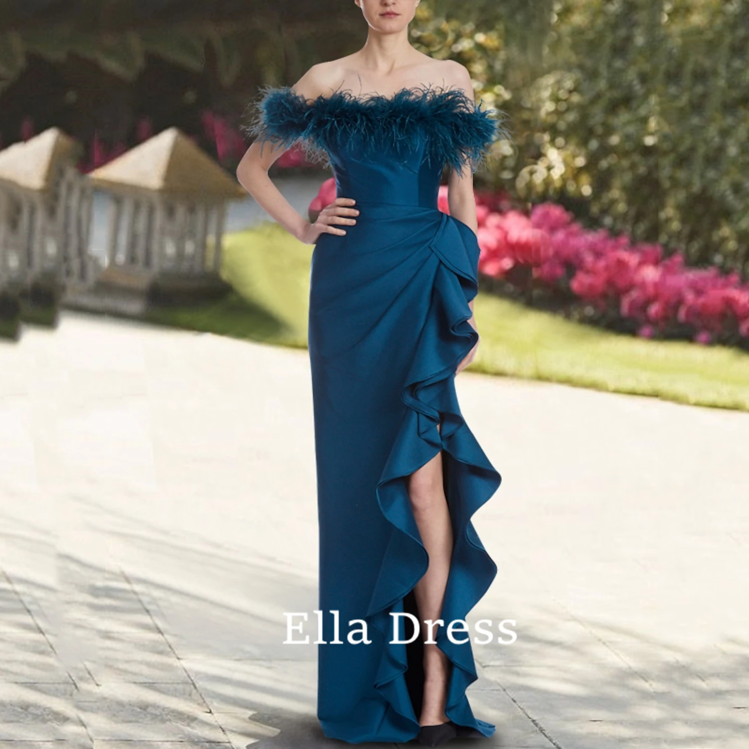 

Ella Vintage Long Blue Taffeta Ball Gown With Feather Sheath Side Slit Floor Length Gown Evening Dresses Women One Piece Dress