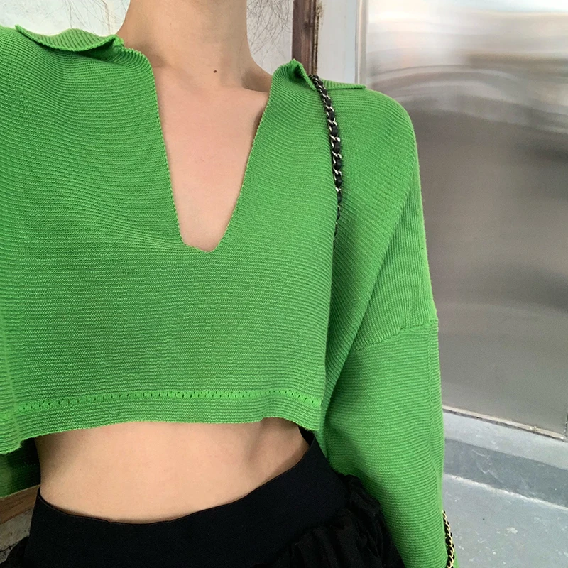

Autumn Women's Sexy Tops Korean Style Pure Color Loose V-neck Long Sleeve Knitted T-shirt 2021 Ladies T-shirt Clothing Women