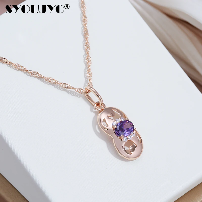 

Purple Natural Zircon Pendant Necklace For Women SYOUJYO Gourd Shape 585 Rose Gold Color Easy Matching Party Fine Jewelry