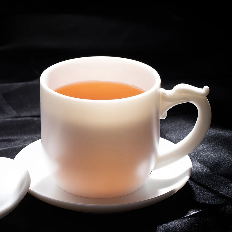Zhang Guojin Handmade High end Sheep Fat Jade Office Cup, Ceramic Tea Cup, Luxury Gift Box