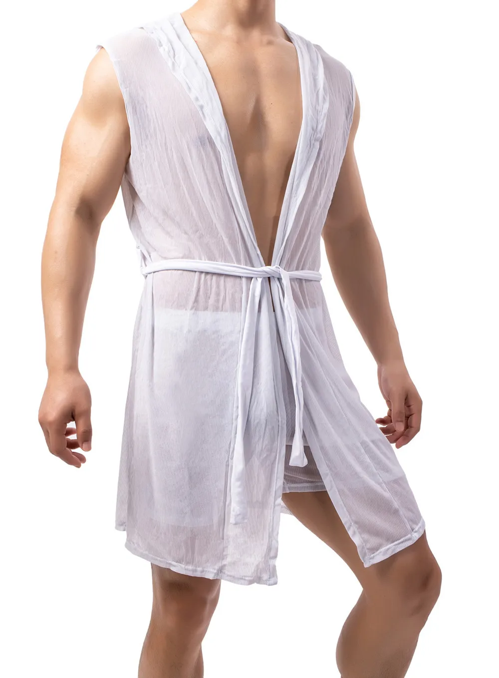 Men Bathrobe Pajamas Suit Sexy See Through Underwear Sleep Tops Home Wear Casual Loose Silky Hooded Frenulum Sleepwear Kimono